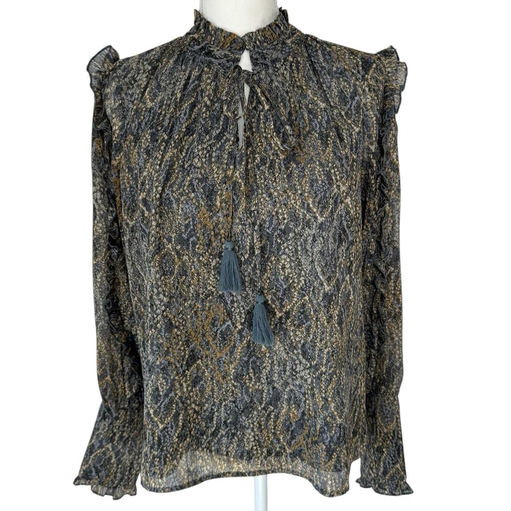 BTFL-Life Boho Paisley Metallic Ruffle Mock Neck Blouse Tassel Top Medium